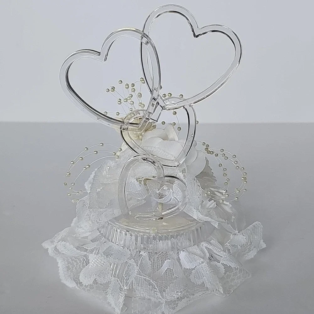 Vintage Wedding Cake Topper Double Heart Acrylic Lace‎ Faux Pearl Bridal Decor